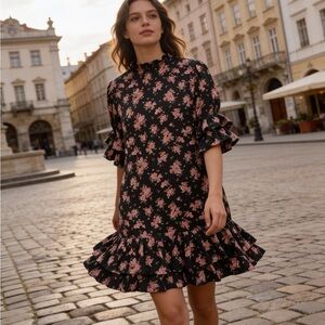 CeCe Black Floral Ruffle-Hem Mini Dress with Pink Blossoms